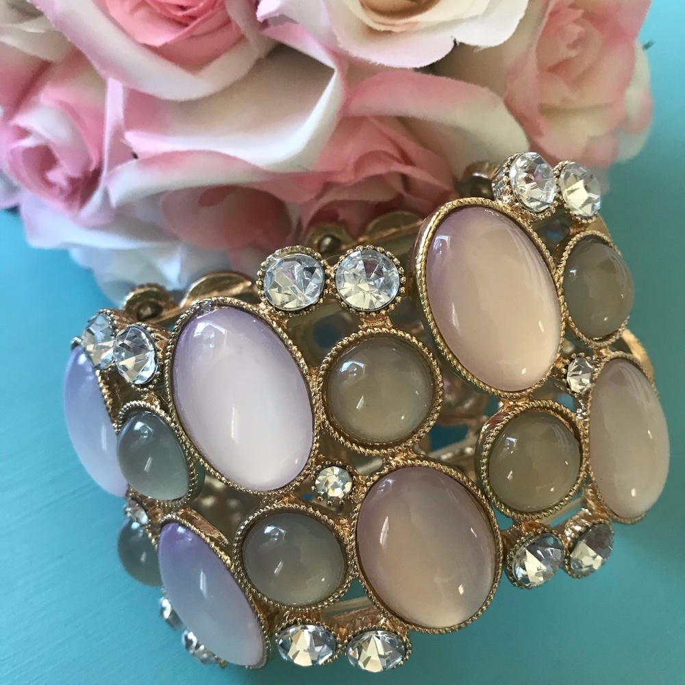 Pink Green and Gold Stretch Statement Bracelet